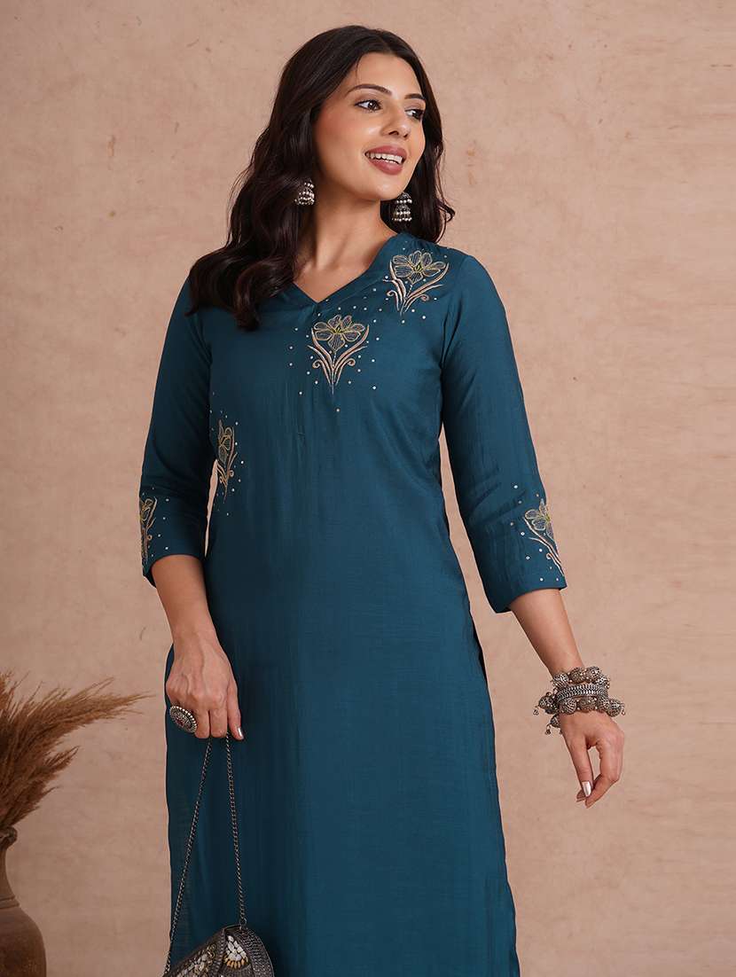 women embroidered three quarter sleeve straight kurta  - 22092196 -  Standard Image - 1