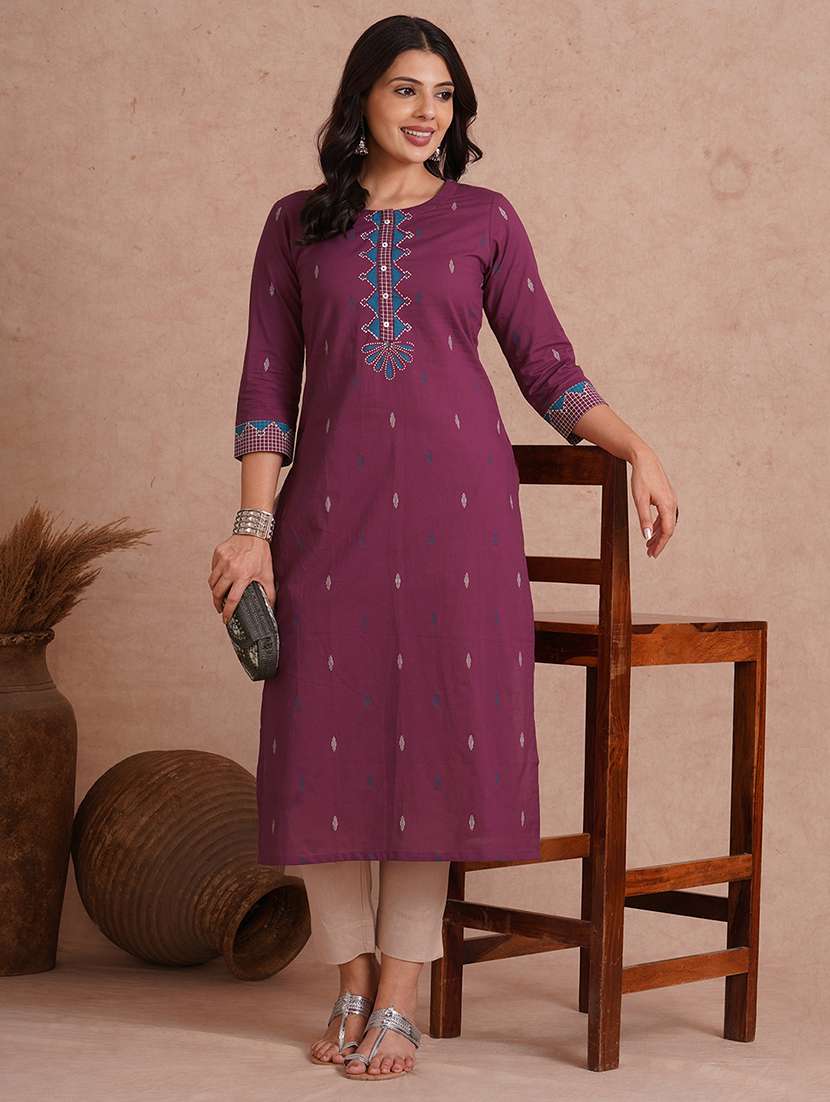women printed three quarter sleeve straight kurta - 22092201 - Zoom Image - 0