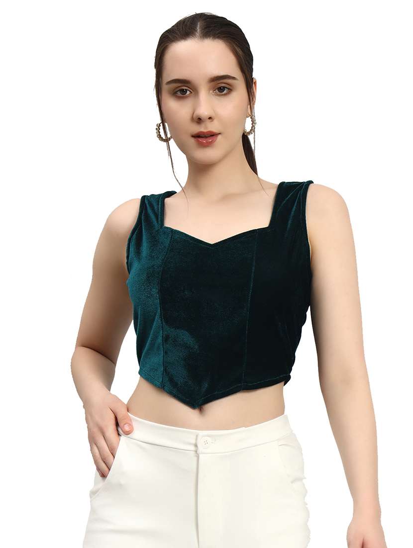 women solid sleeveless stitched velvet blouse