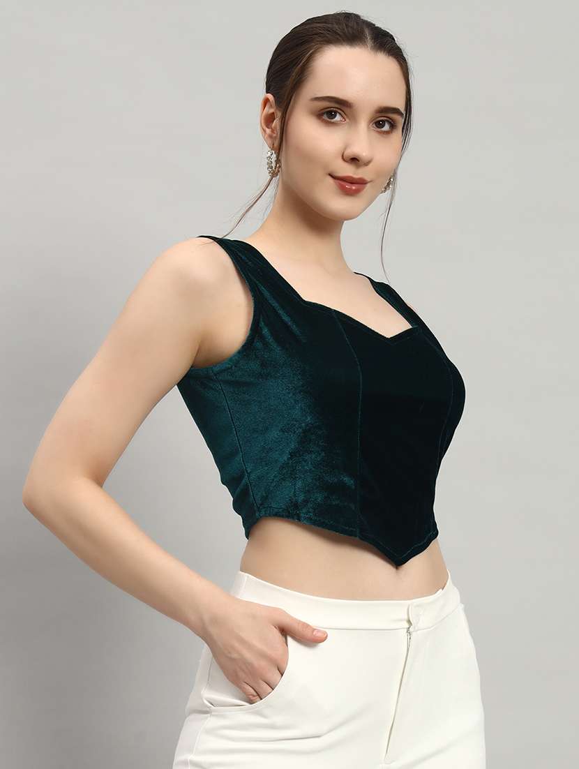 women solid sleeveless stitched velvet blouse - 22092209 -  Standard Image - 1