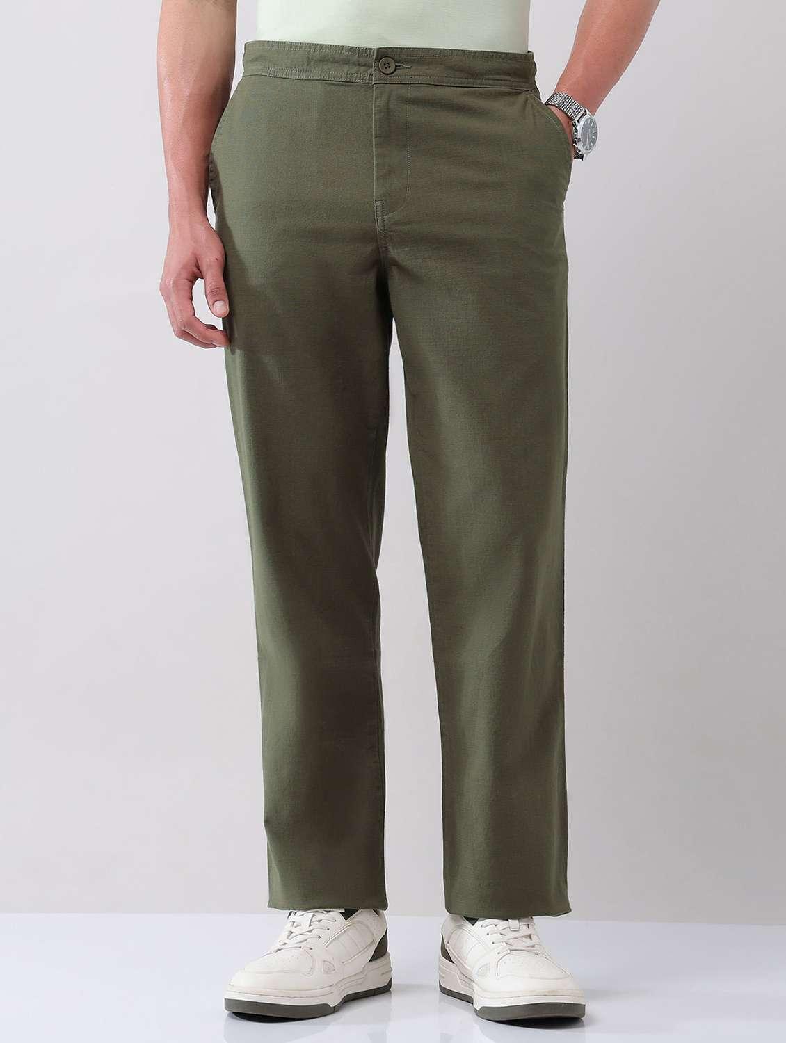 men solid mid rise flat front chinos trouser