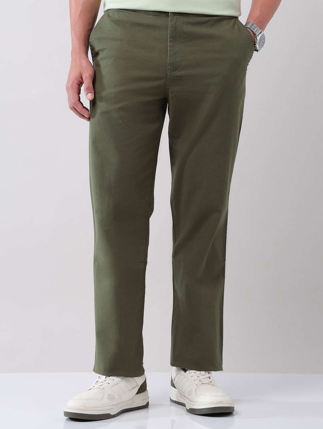 men solid mid rise flat front chinos trouser - 22092310 - Standard Image - 1