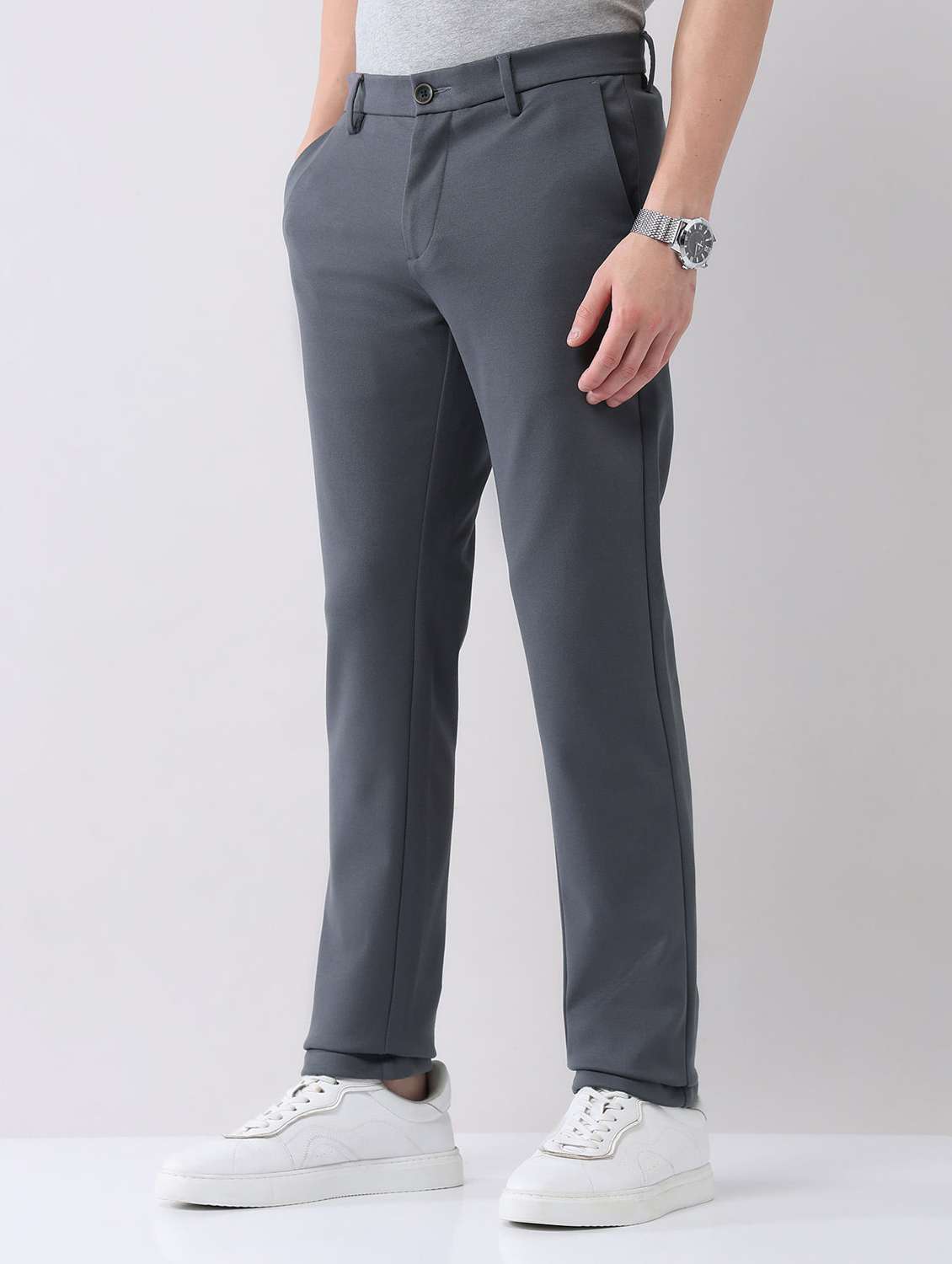 men solid mid rise flat front chinos trouser - 22092311 - Standard Image - 1