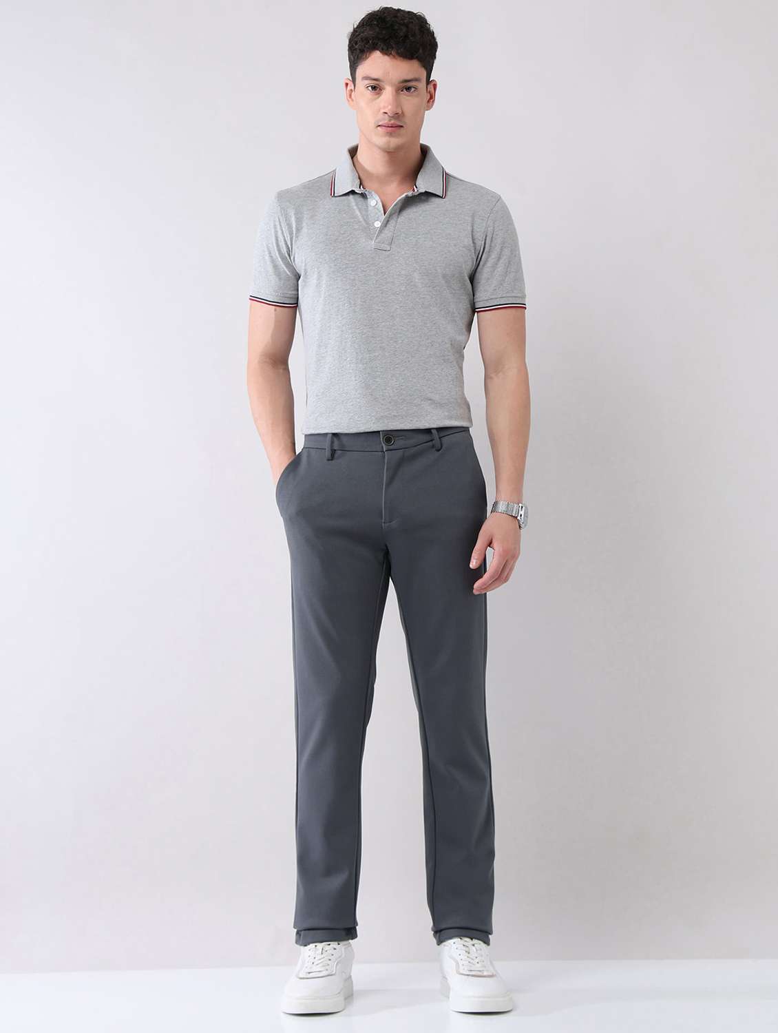 men solid mid rise flat front chinos trouser - 22092311 - Standard Image - 4