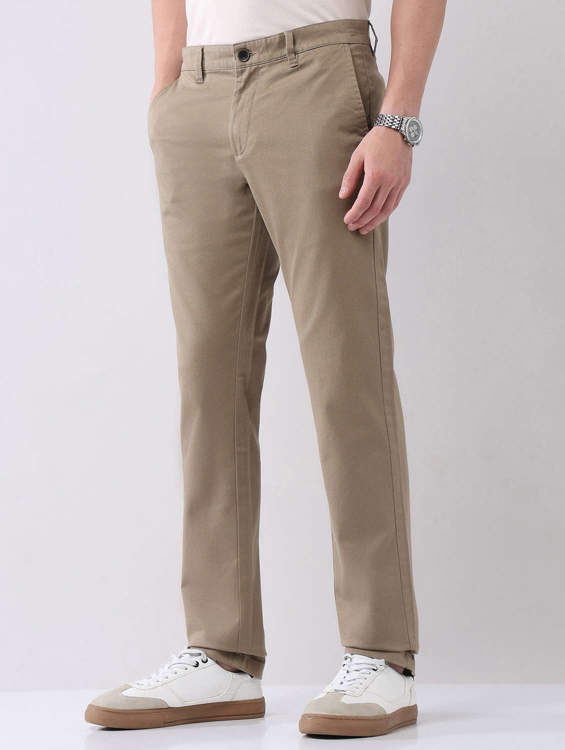 men solid mid rise flat front chinos trouser - 22092312 - Standard Image - 1
