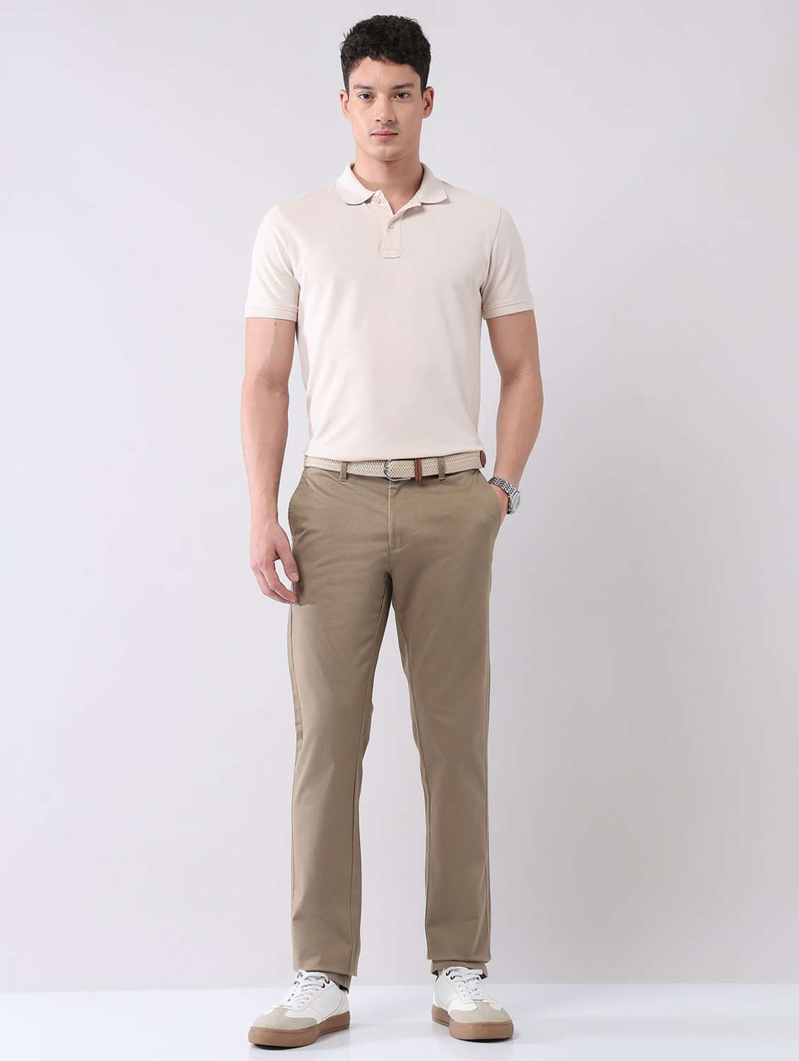 men solid mid rise flat front chinos trouser - 22092312 - Standard Image - 4