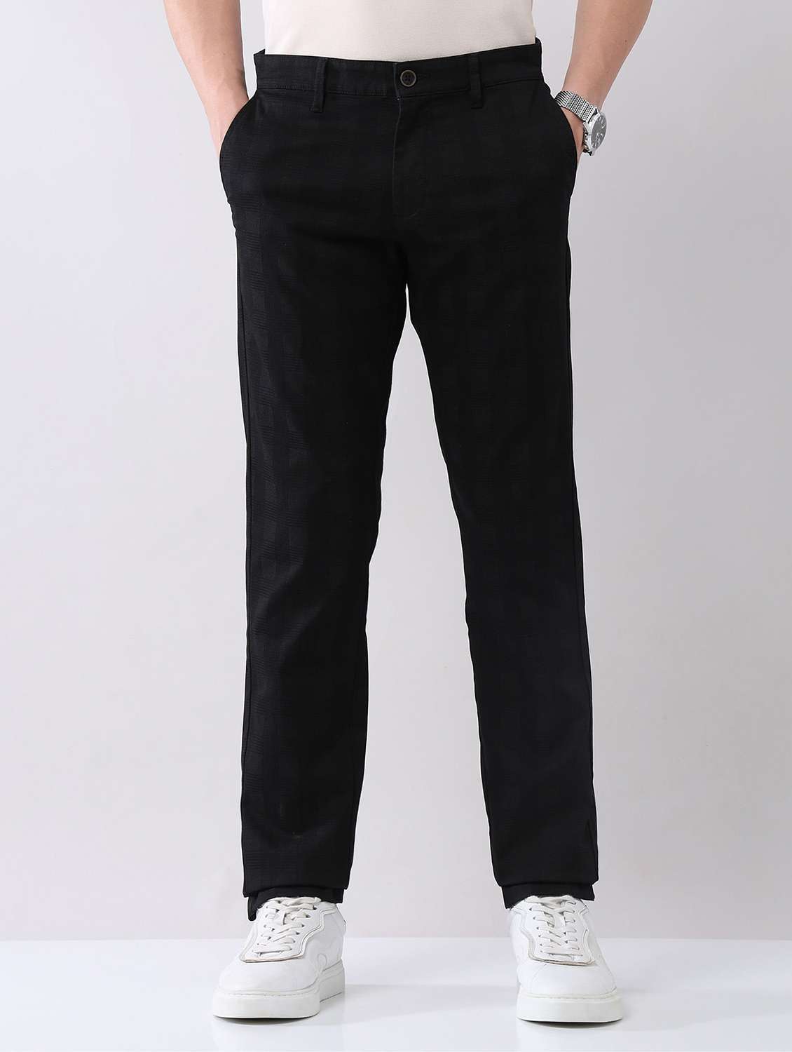 men solid mid rise flat front chinos trouser