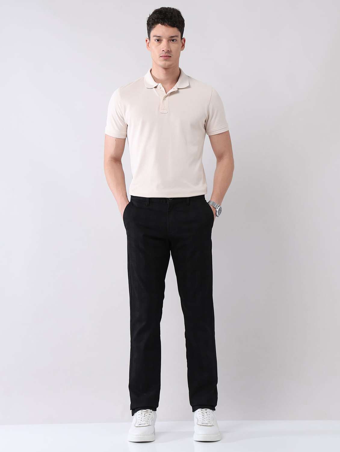 men solid mid rise flat front chinos trouser - 22092313 - Standard Image - 4