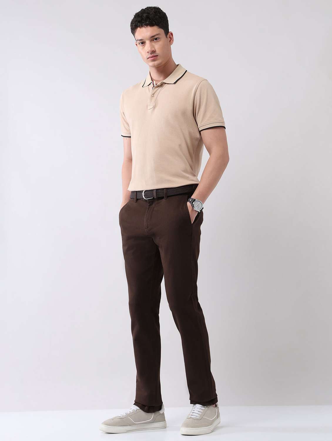 men solid mid rise flat front chinos trouser - 22092314 - Standard Image - 4