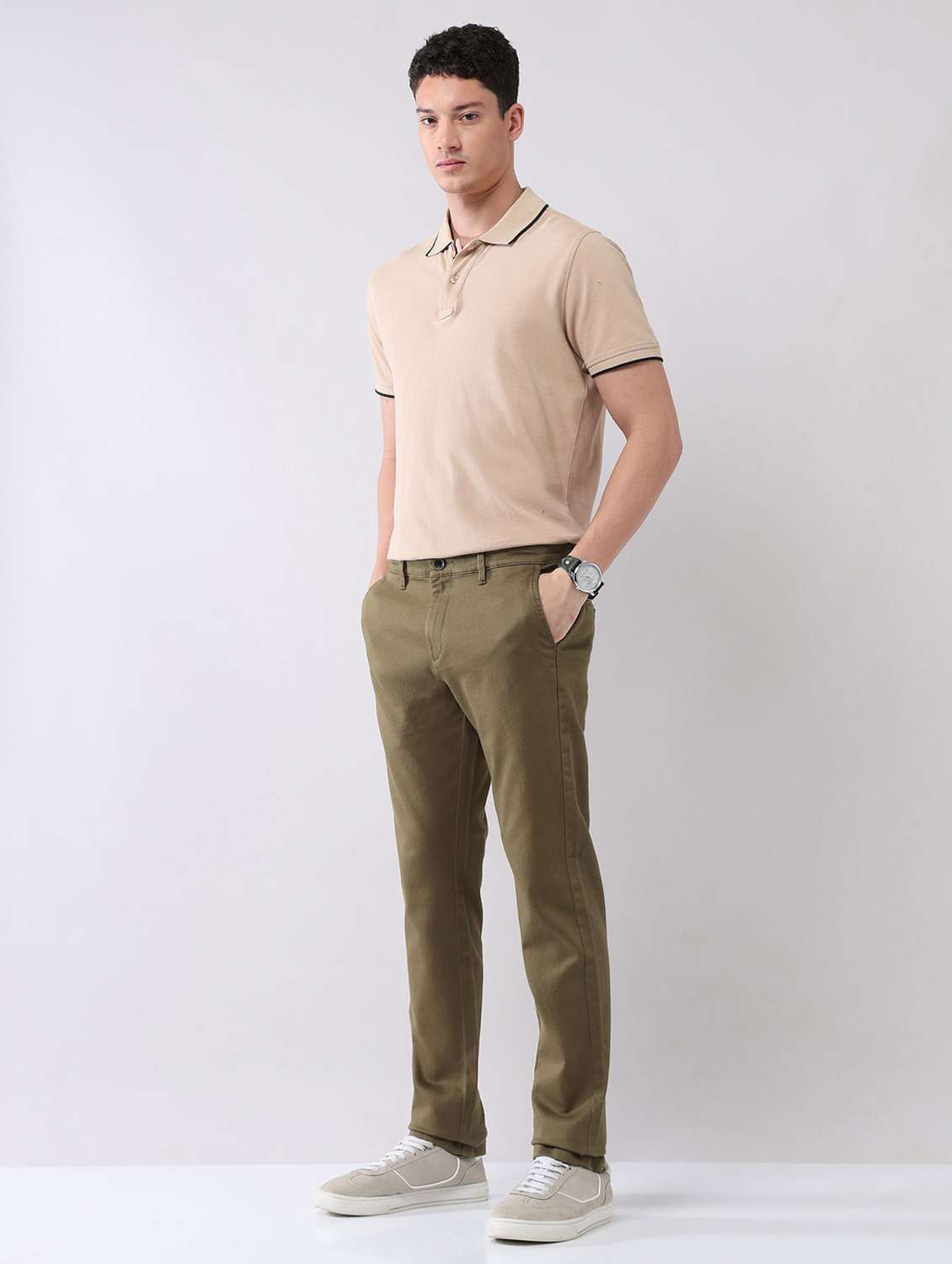 men solid mid rise flat front chinos trouser - 22092315 - Standard Image - 4