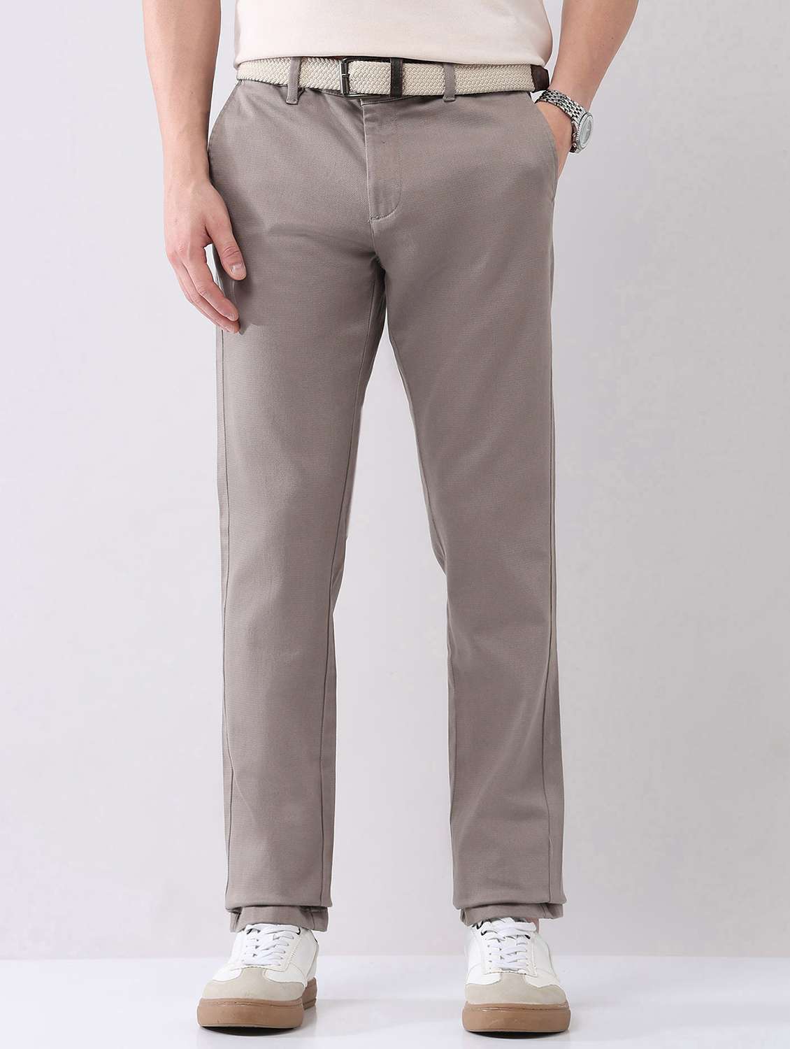 men solid mid rise flat front chinos trouser