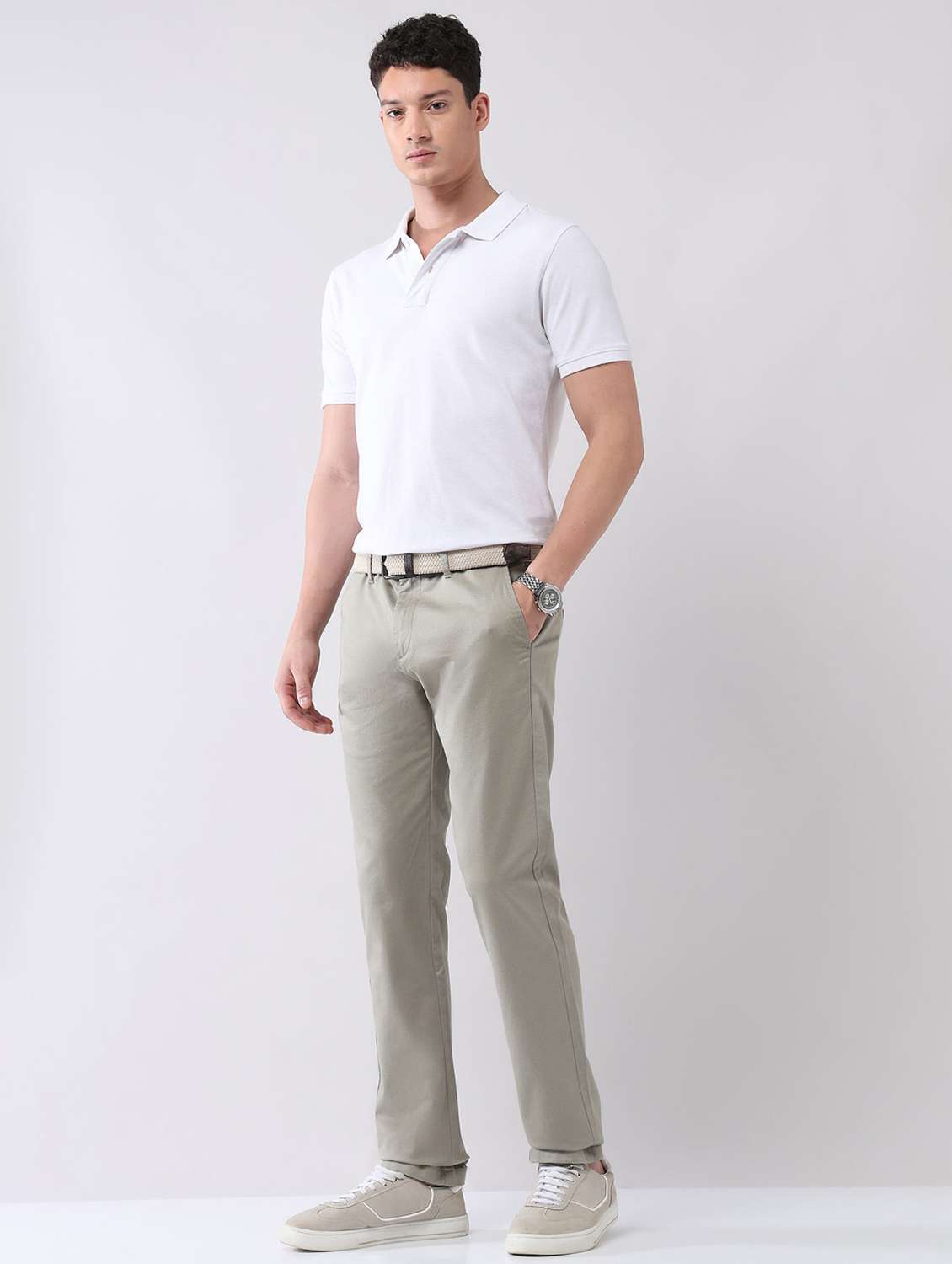 men solid mid rise flat front chinos trouser - 22092319 - Standard Image - 4