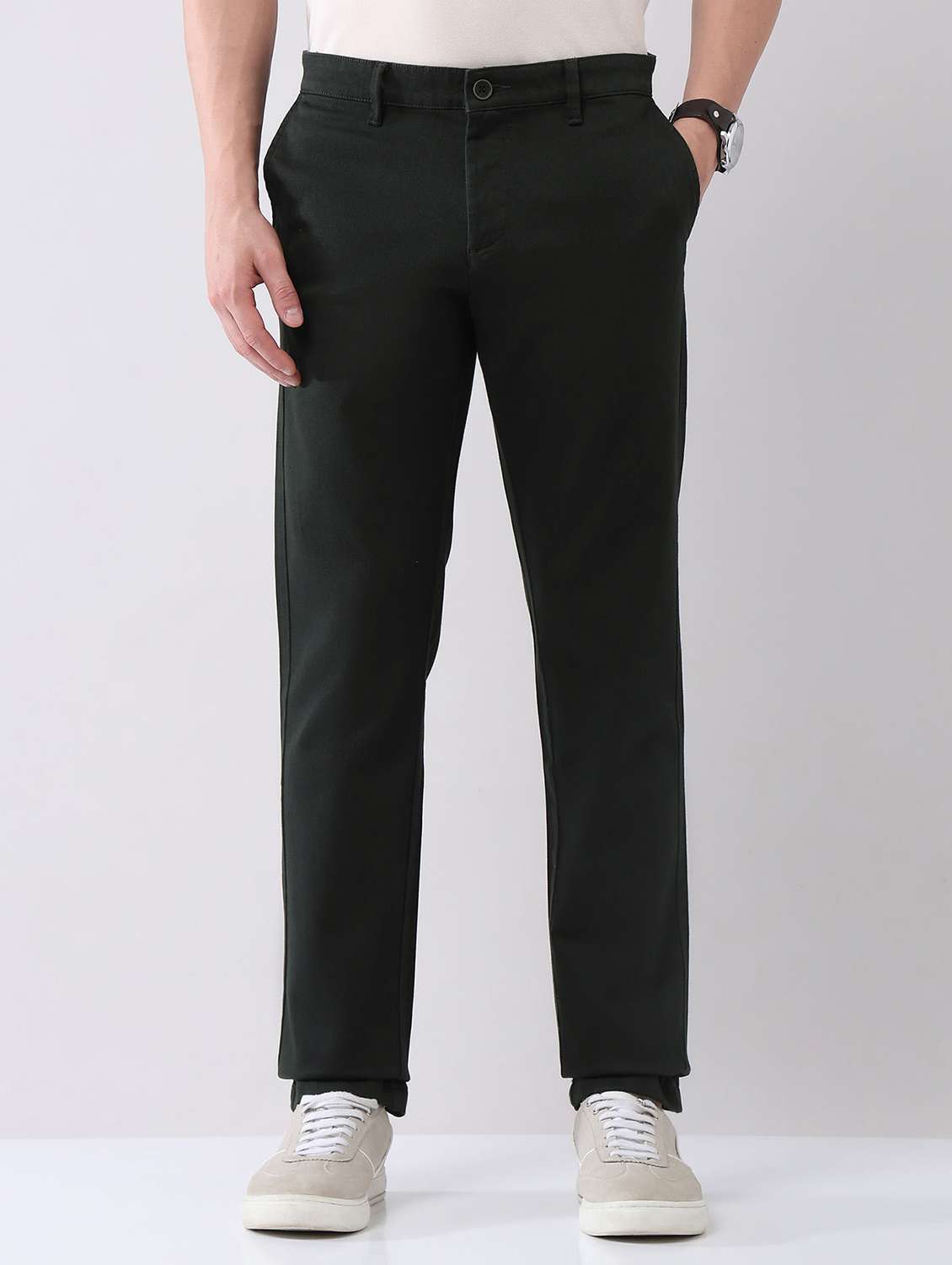men solid mid rise flat front chinos trouser