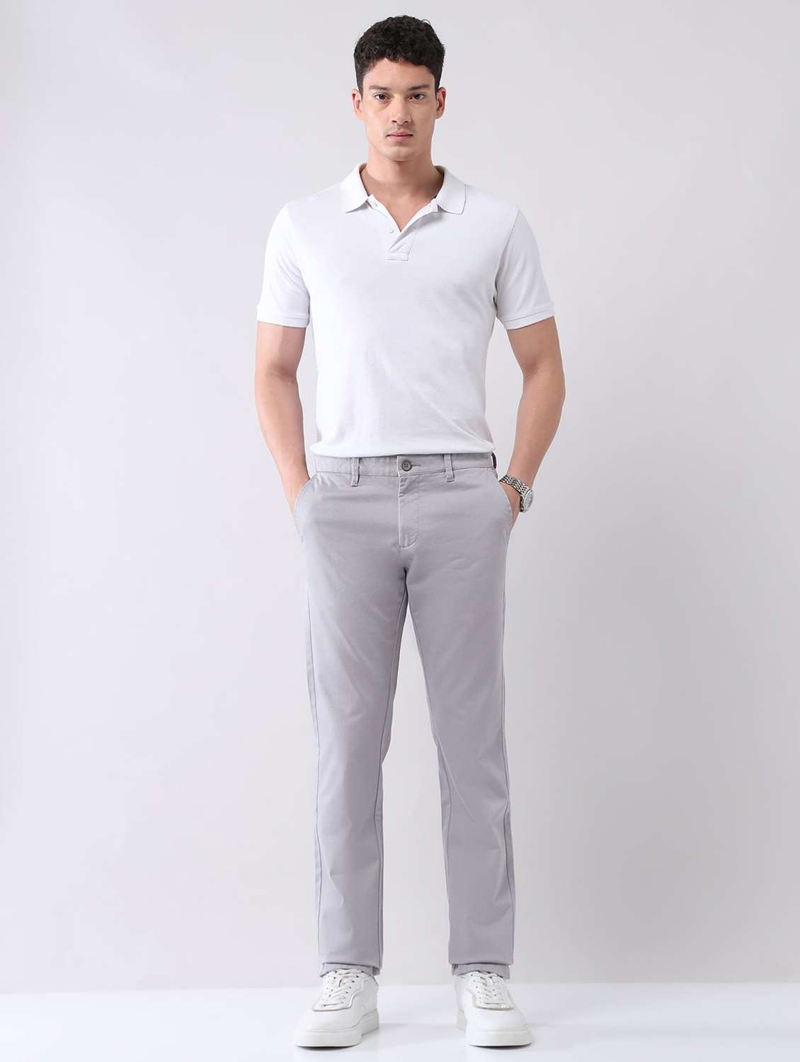men solid mid rise flat front chinos trouser - 22092322 - Standard Image - 4