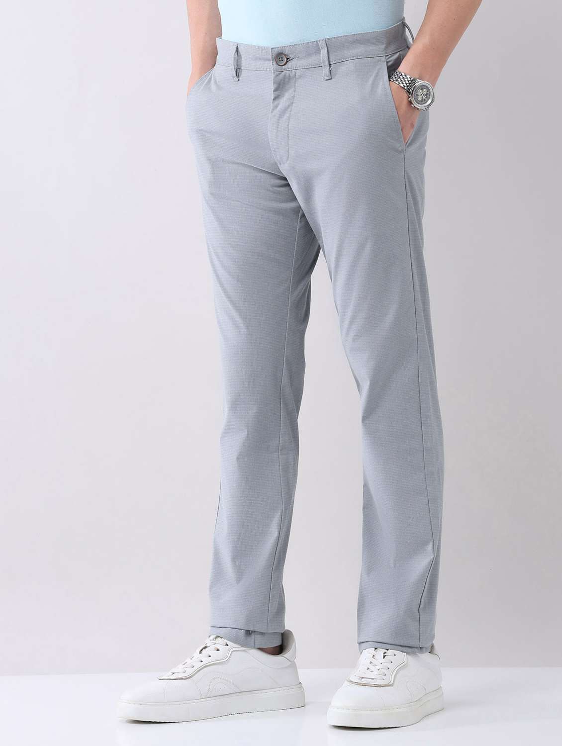 men solid mid rise flat front chinos trouser - 22092323 - Standard Image - 1