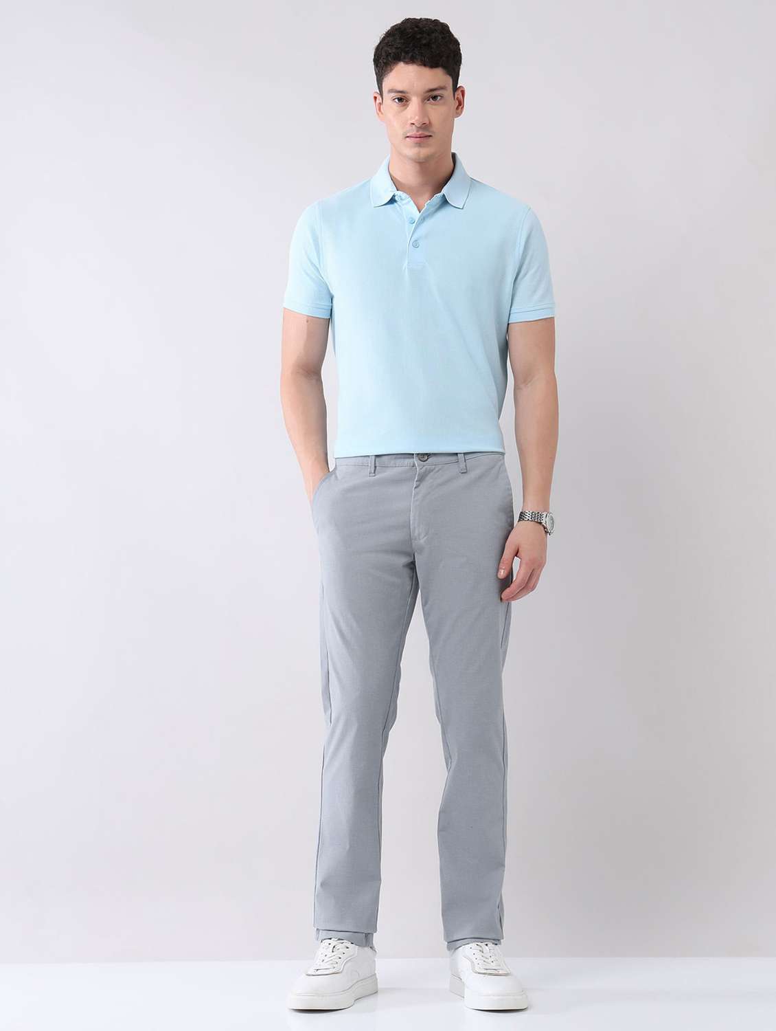men solid mid rise flat front chinos trouser - 22092323 - Standard Image - 4