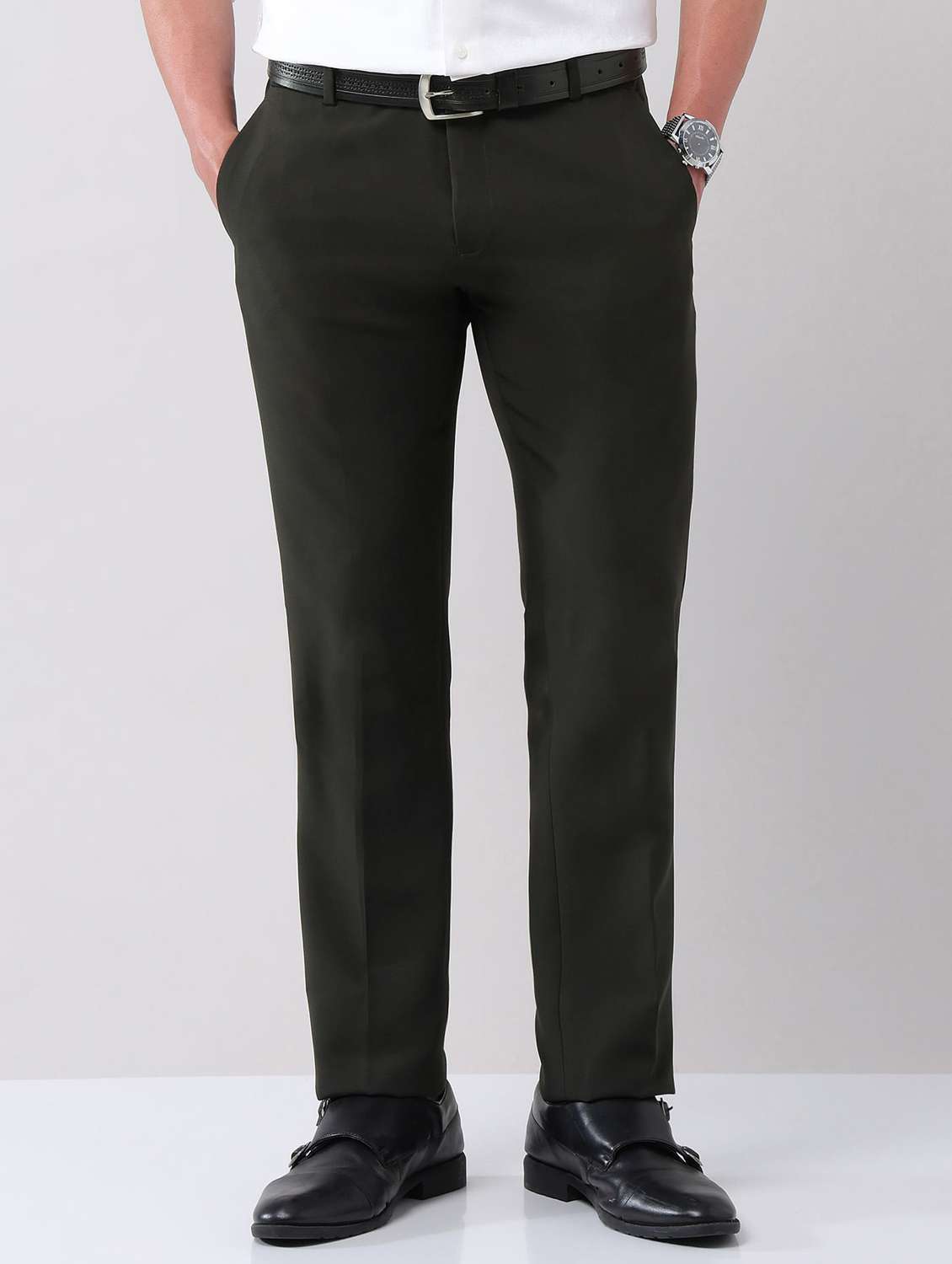 men solid mid rise flat front formal trouser - 22092335 - Standard Image - 1