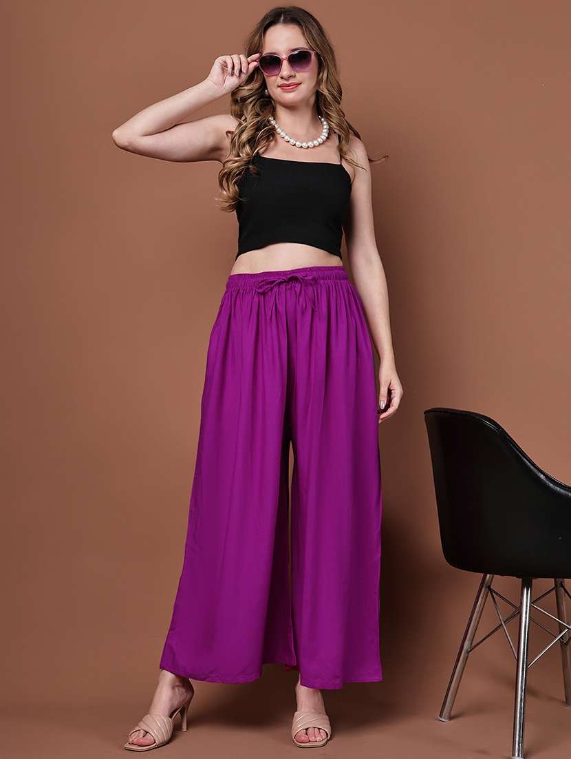 women pack of 2 solid high rise flared palazzo - 22092426 -  Standard Image - 1