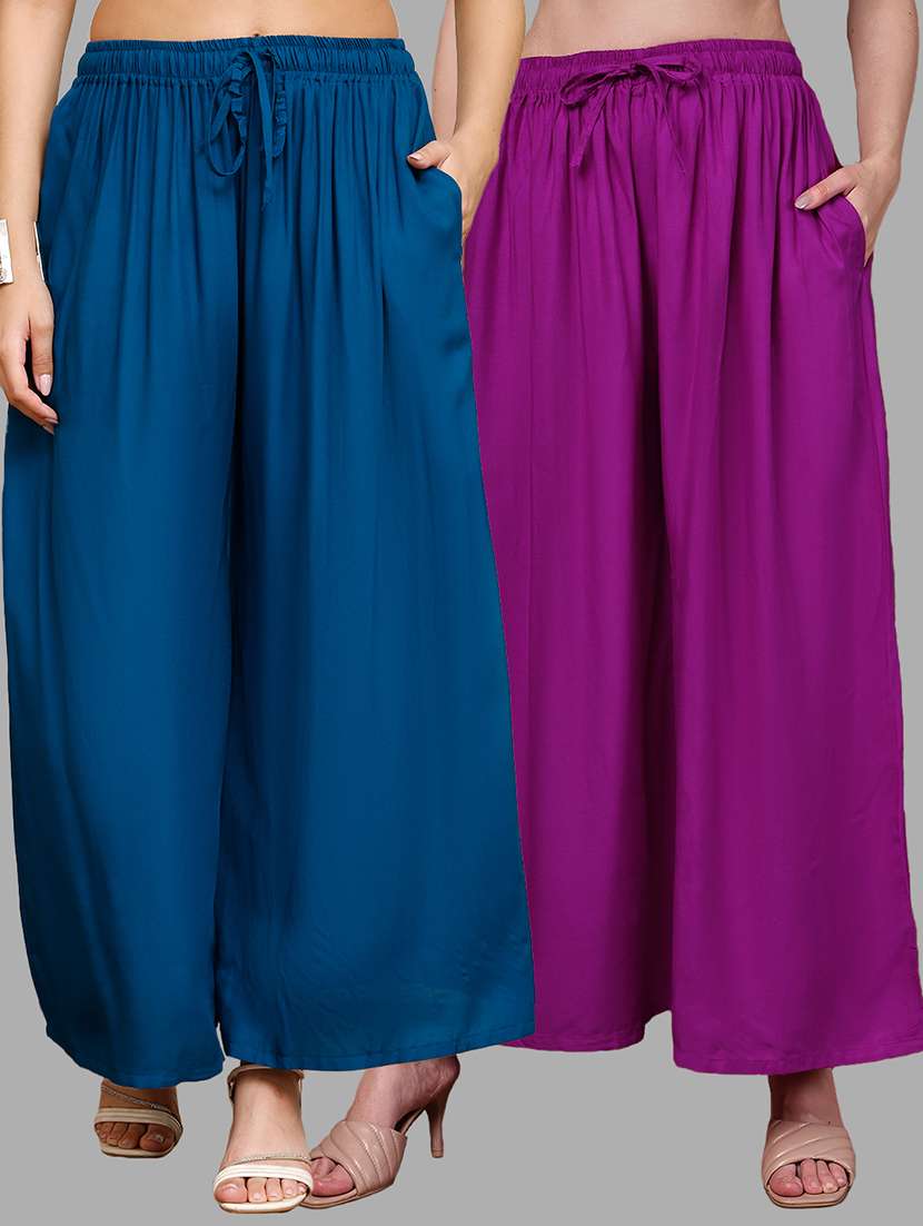 women pack of 2 solid mid rise flared palazzo