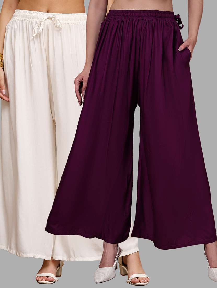 women pack of 2 solid mid rise flared palazzo