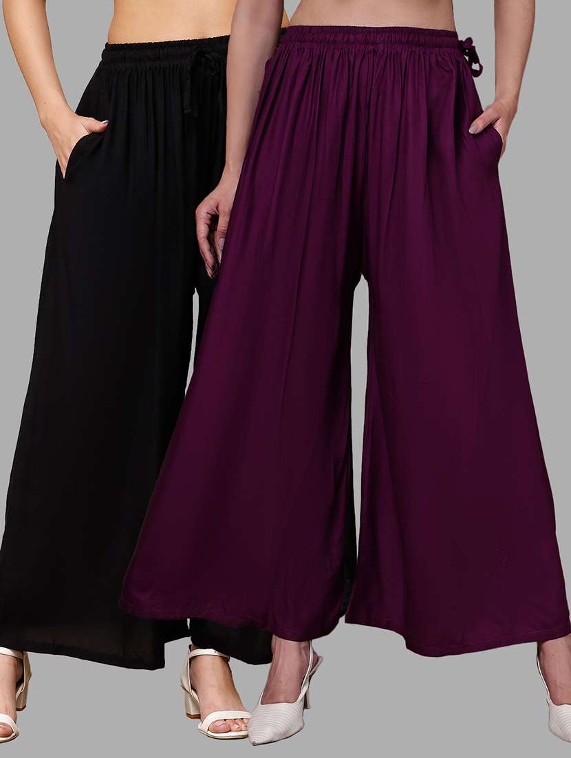women pack of 2 solid mid rise flared palazzo