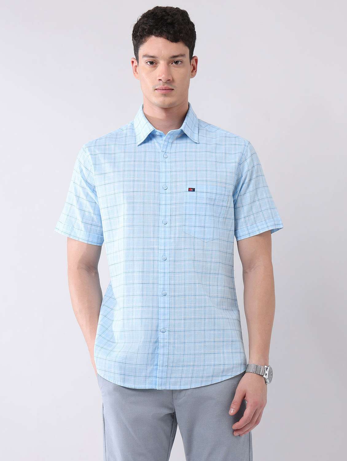 men checkered short sleeve regular fit casual shirt