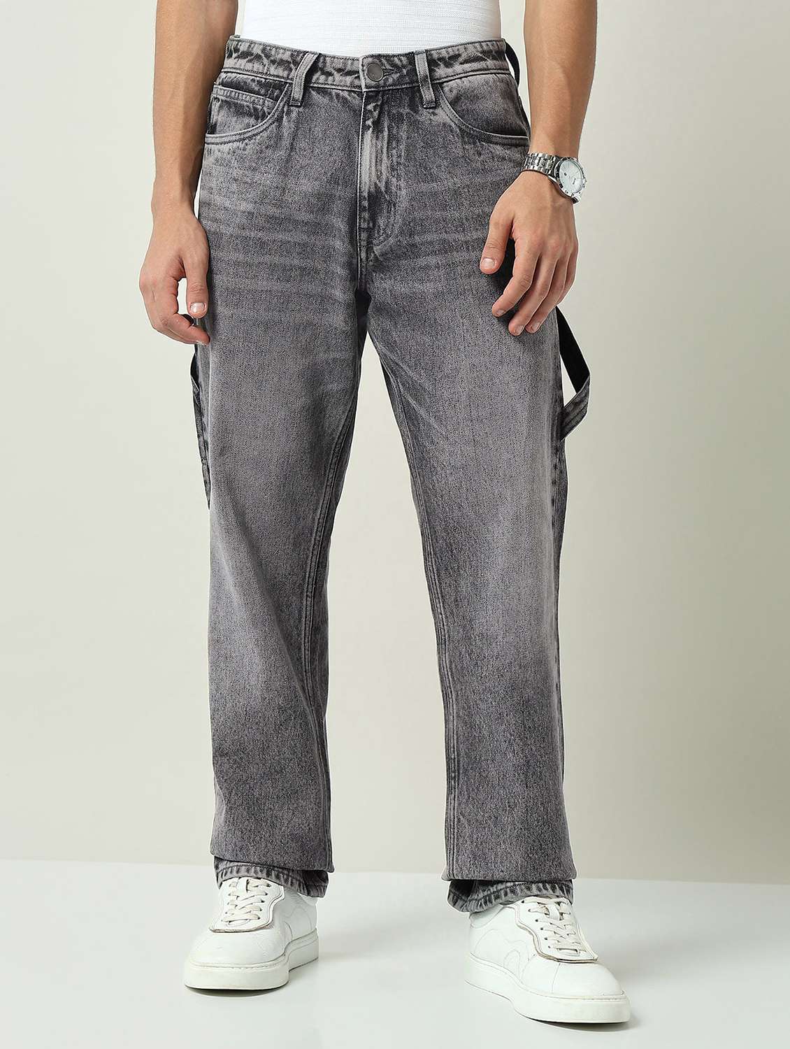 men washed mid rise full length jeans