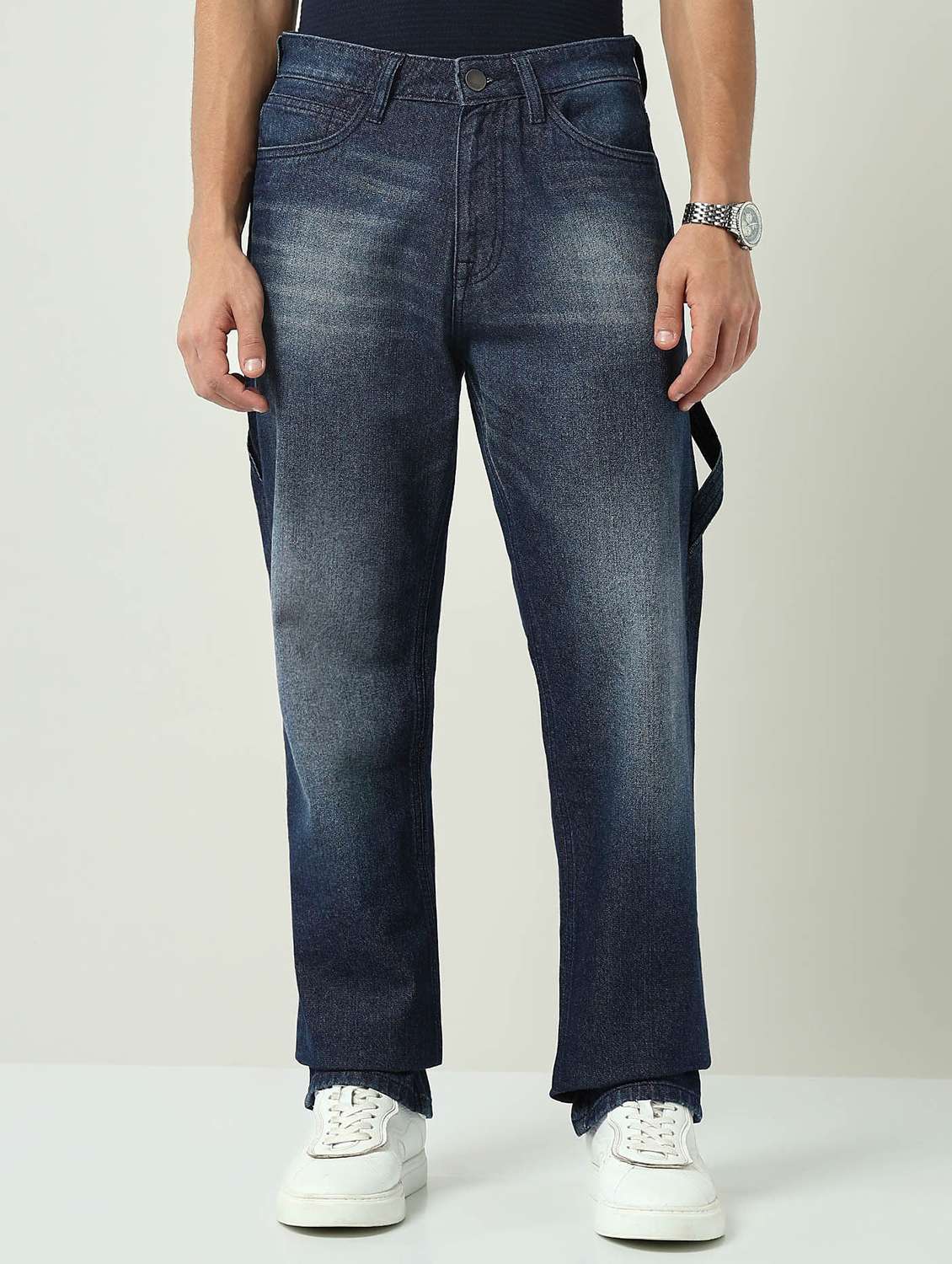 men washed mid rise full length jeans