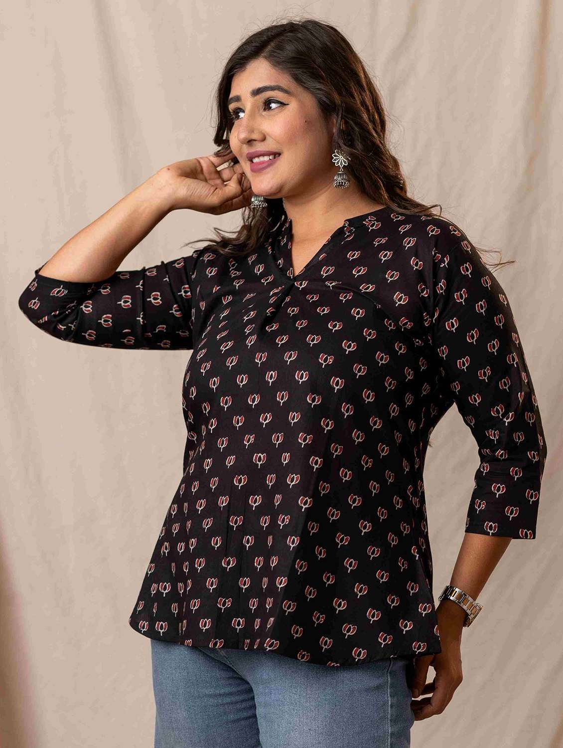 women floral three quarter sleeve a-line kurti - 22092620 -  Standard Image - 1