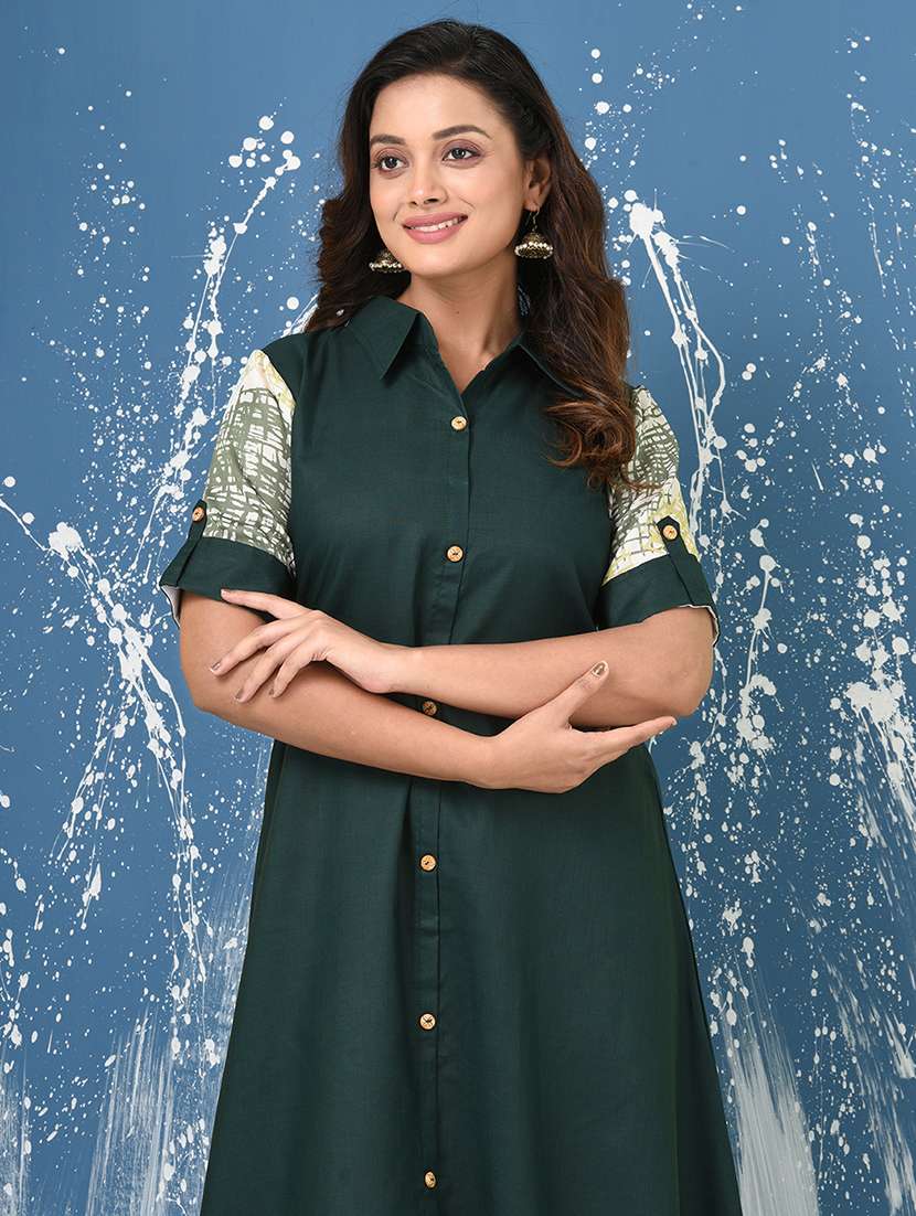 women solid roll up sleeve a-line ethnic dress - 22092633 -  Standard Image - 1