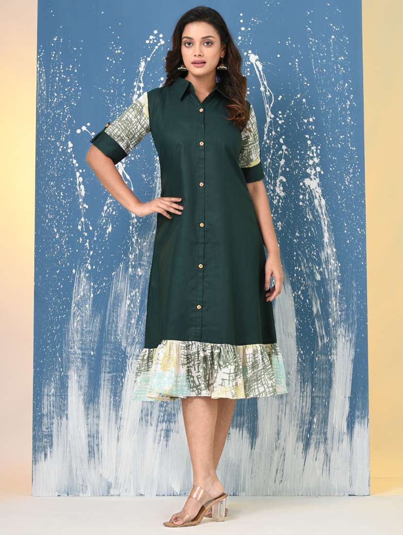 women solid roll up sleeve a-line ethnic dress - 22092633 -  Standard Image - 4