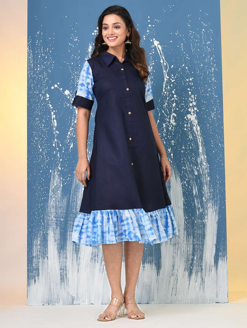 women solid roll up sleeve a-line ethnic dress - 22092634 -  Standard Image - 1