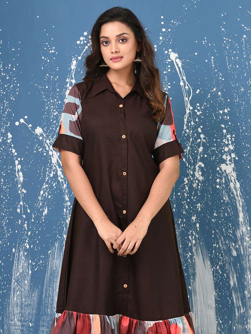 women solid roll up sleeve a-line ethnic dress - 22092635 -  Standard Image - 1