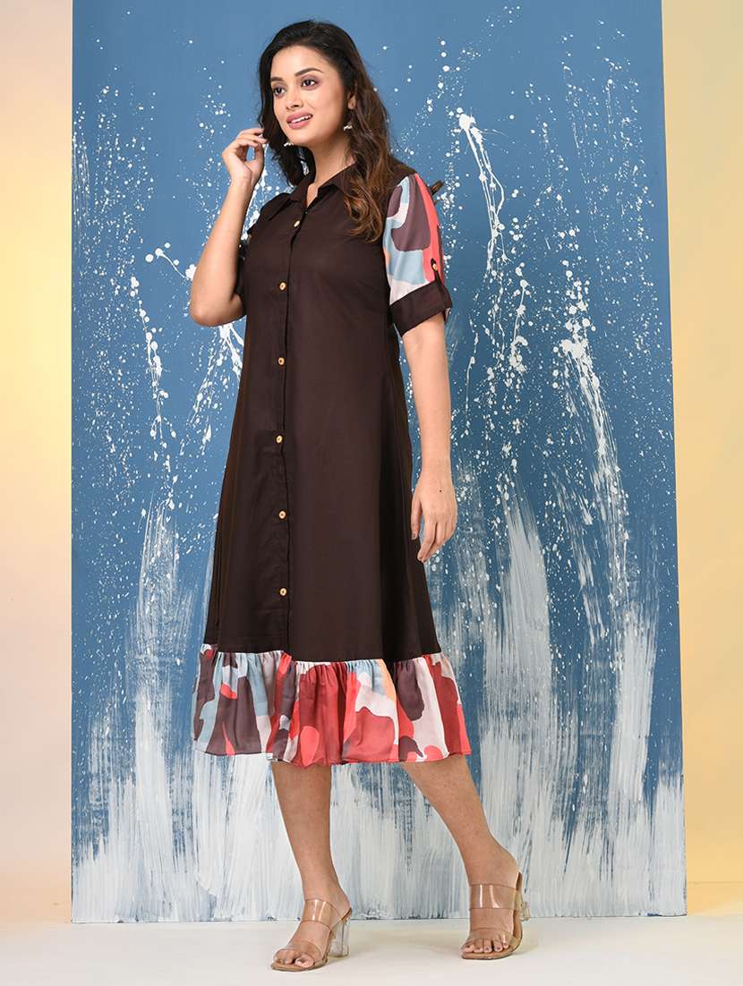 women solid roll up sleeve a-line ethnic dress - 22092635 -  Standard Image - 4