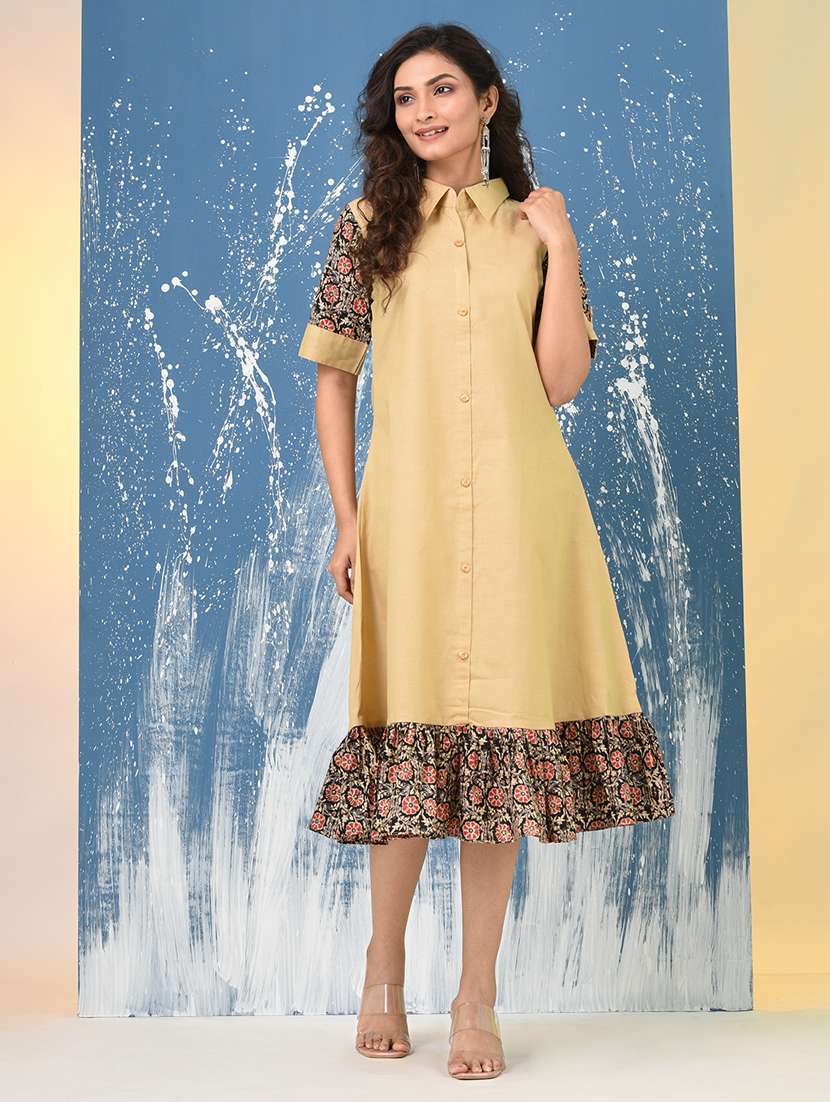 women solid roll up sleeve a-line ethnic dress - 22092636 -  Standard Image - 1