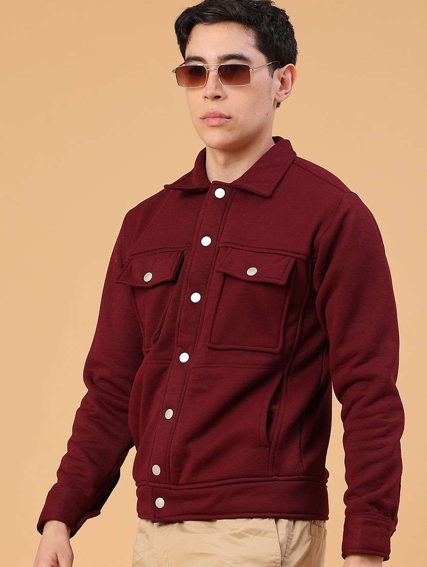 men solid collared long sleeve shacket