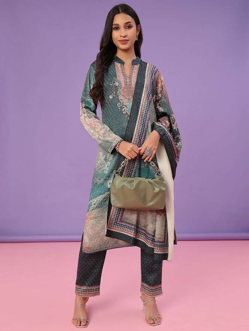 women self design long sleeve kurta pant with dupatta set