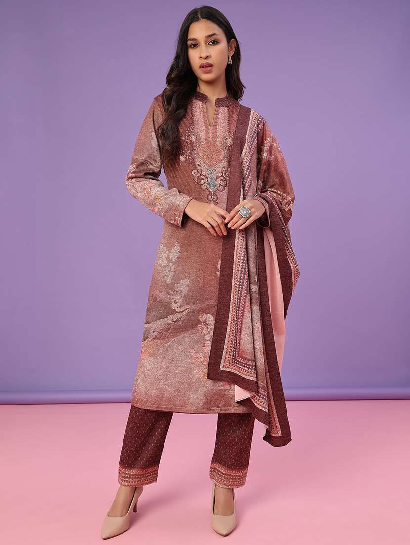 women self design long sleeve kurta pant with dupatta set