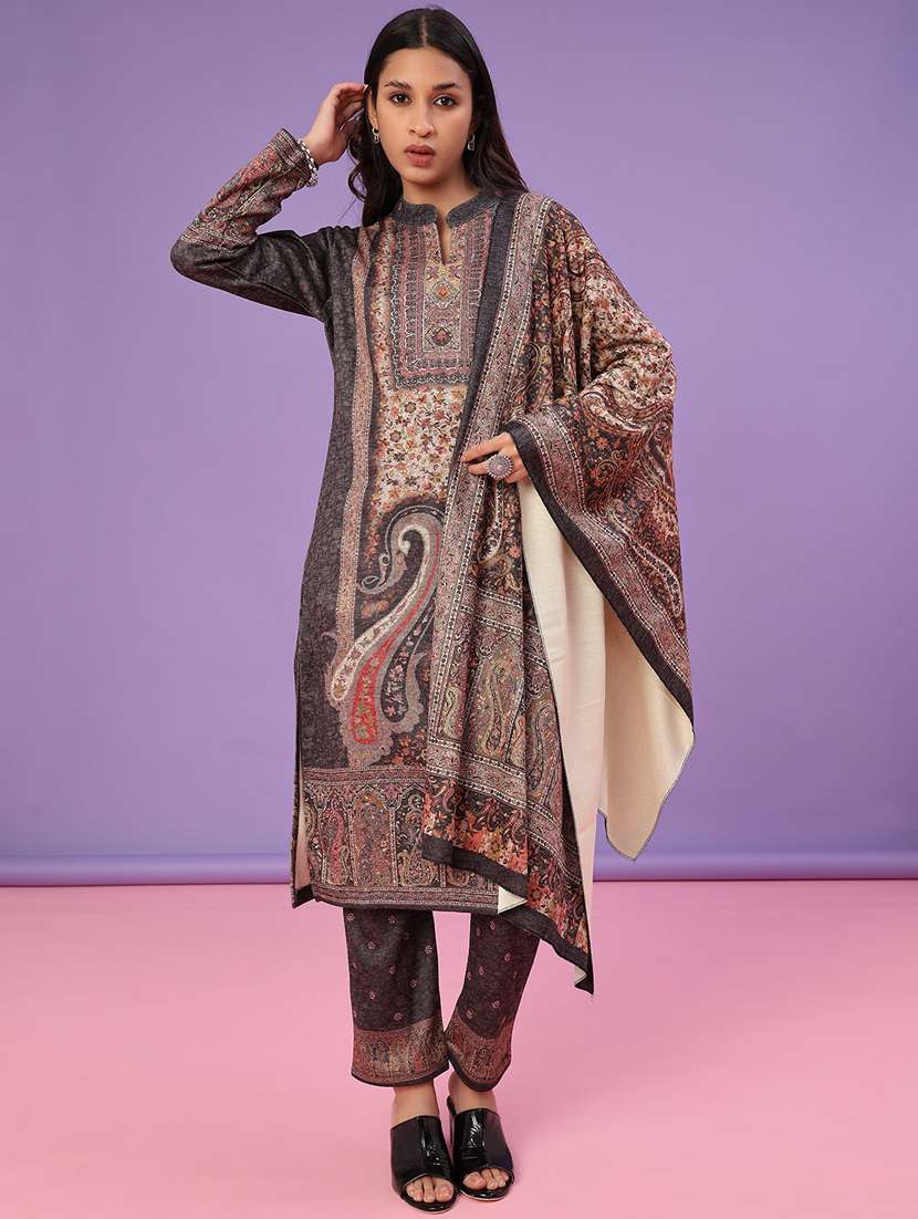 women self design long sleeve kurta pant with dupatta set