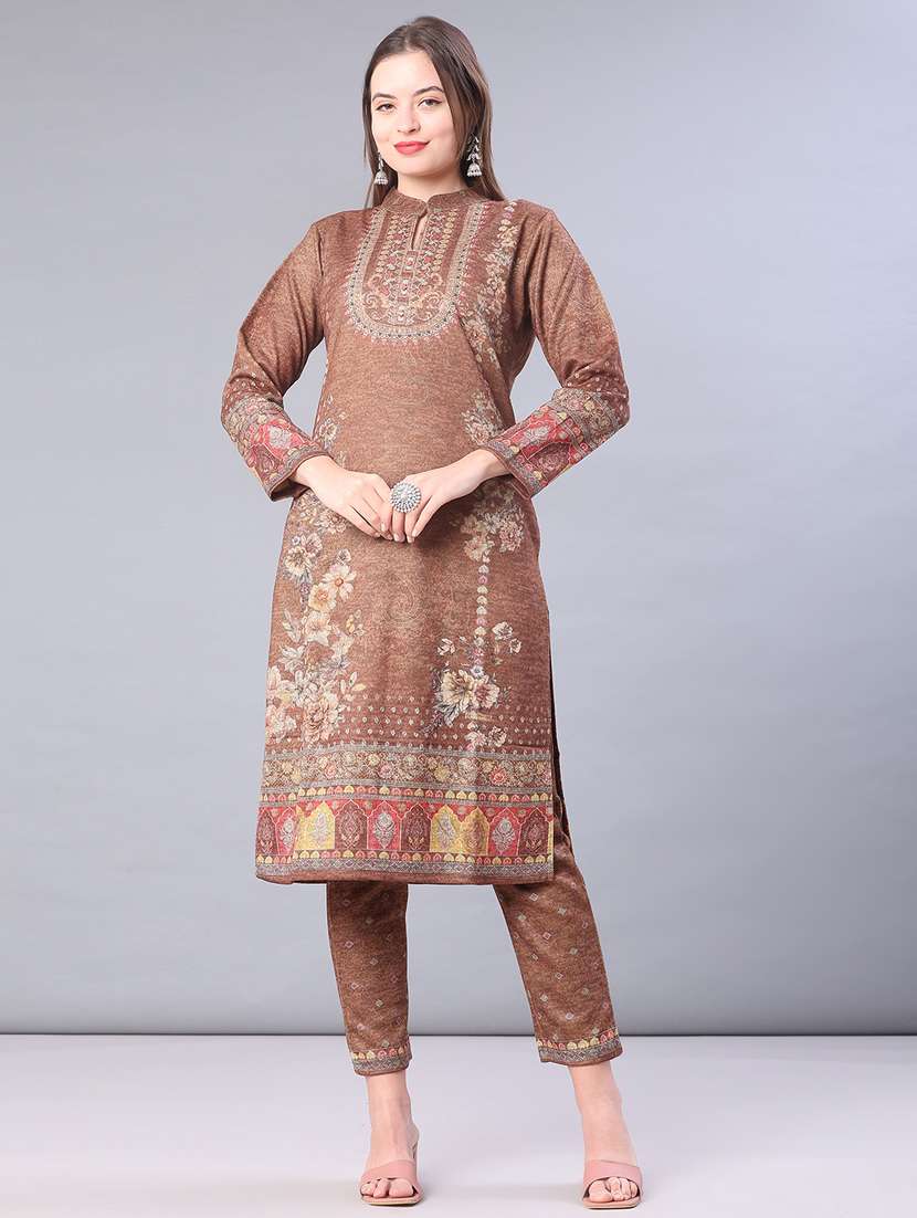 women self design long sleeve kurta pant with dupatta set