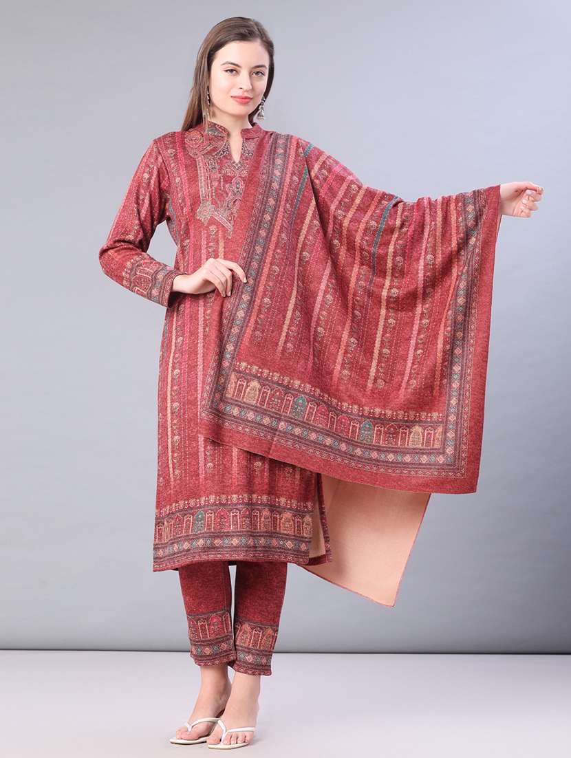 women printed long sleeve kurta pant with dupatta set