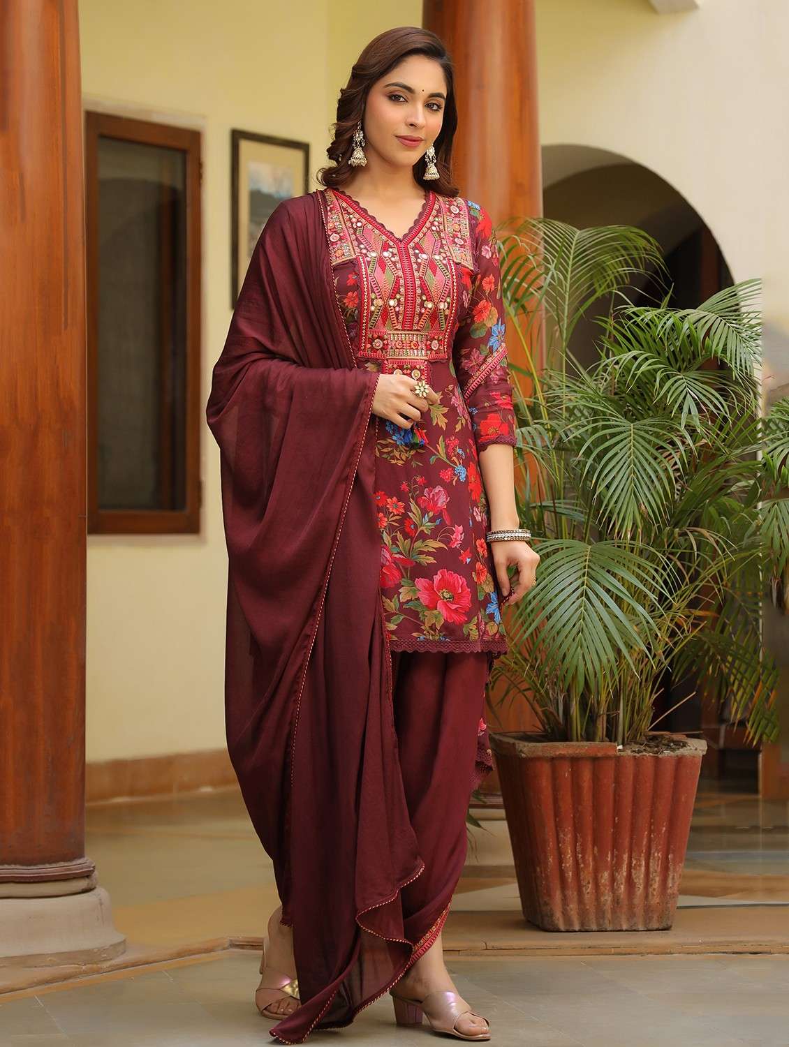 women embroidered three quarter sleeve dhoti kurta with dupatta set - 22093231 -  Standard Image - 1