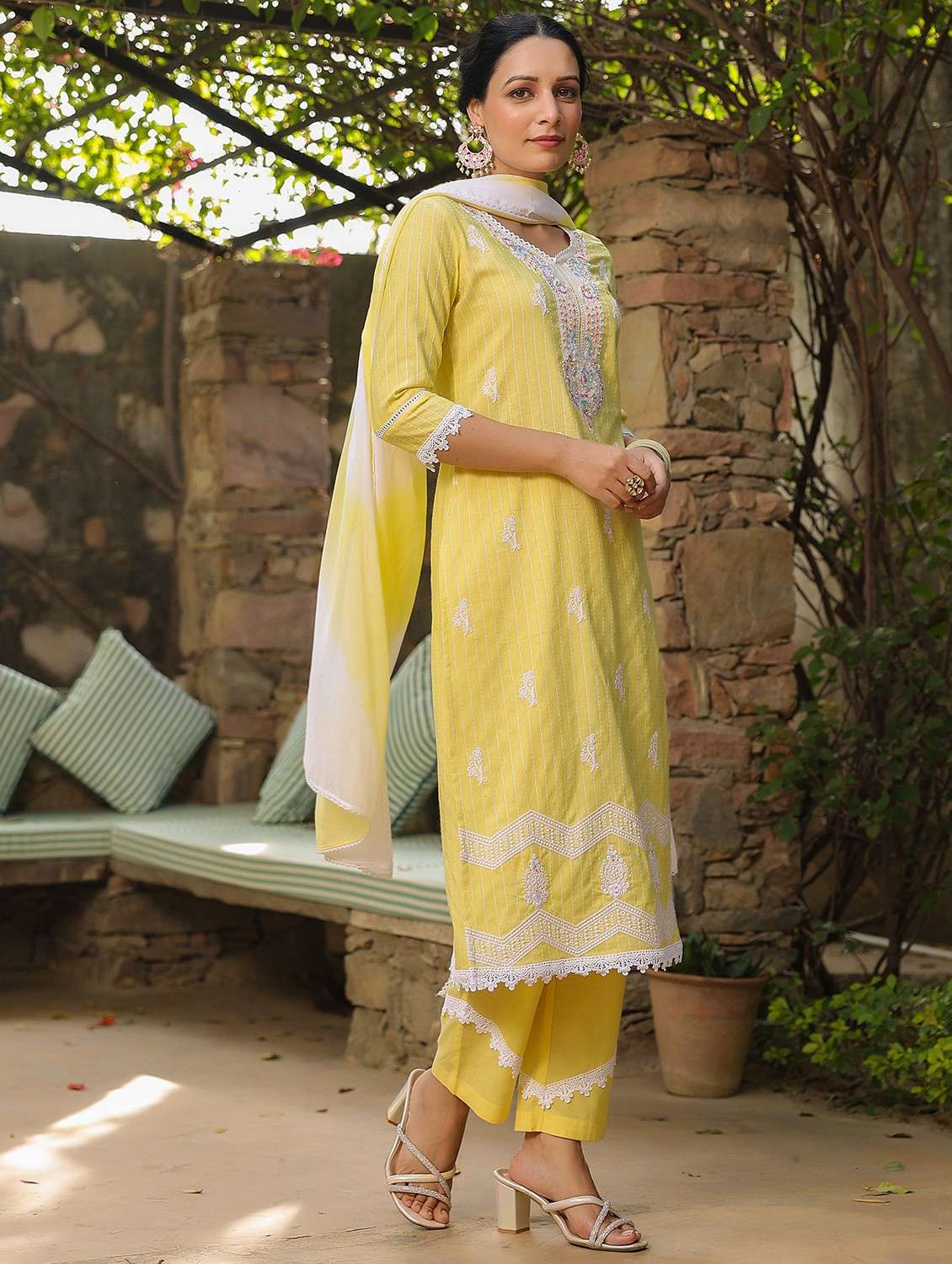 women embroidered three quarter sleeve kurta pant with dupatta set - 22093233 -  Standard Image - 1