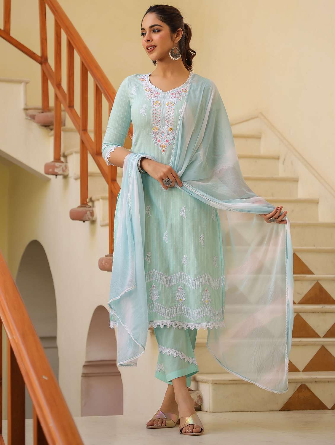 women embroidered three quarter sleeve kurta pant with dupatta set