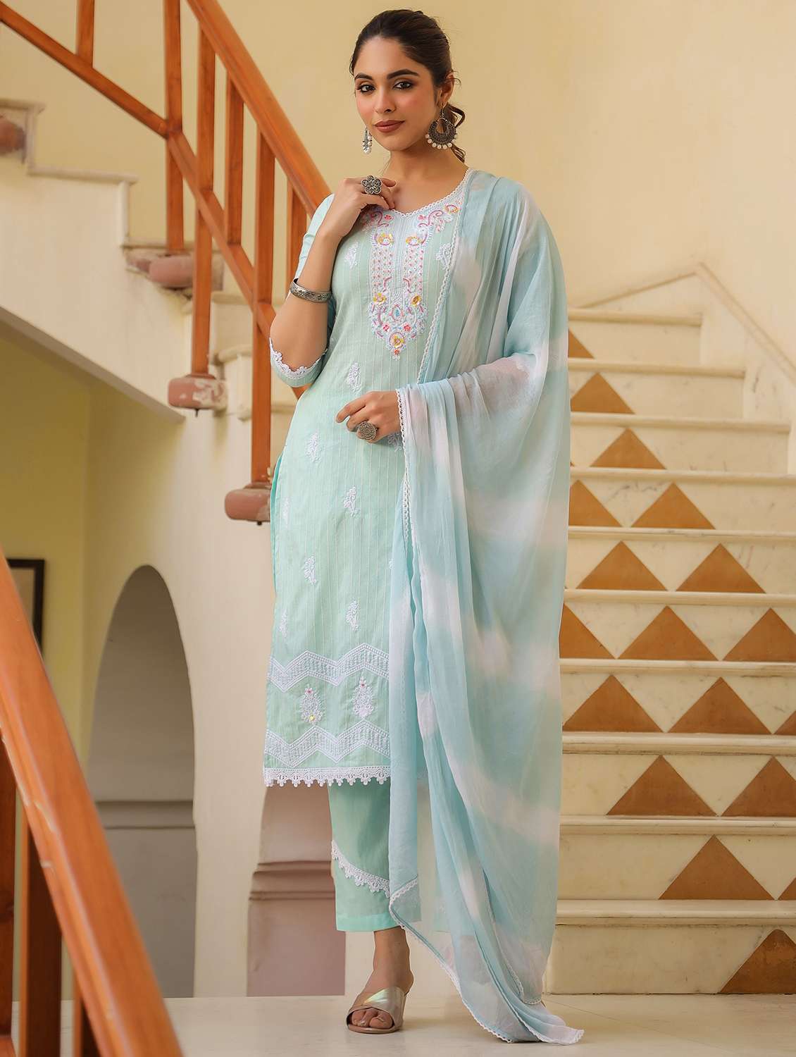 women embroidered three quarter sleeve kurta pant with dupatta set - 22093234 -  Standard Image - 1