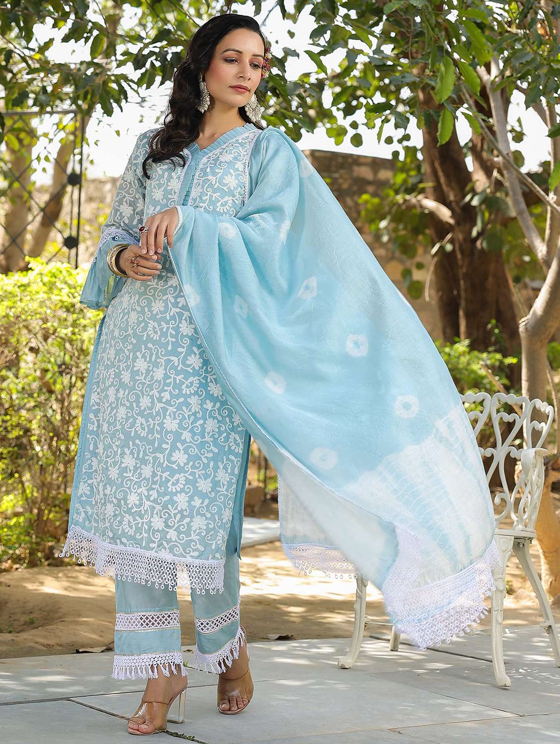 women embroidered three quarter sleeve kurta pant with dupatta set