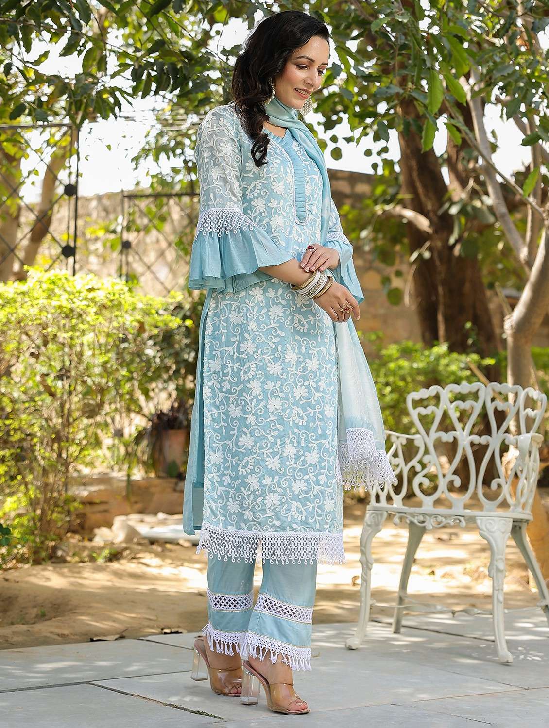 women embroidered three quarter sleeve kurta pant with dupatta set - 22093235 -  Standard Image - 1
