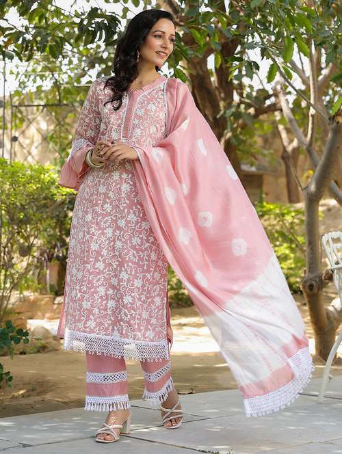 women embroidered three quarter sleeve kurta pant with dupatta set - 22093236 -  Standard Image - 0