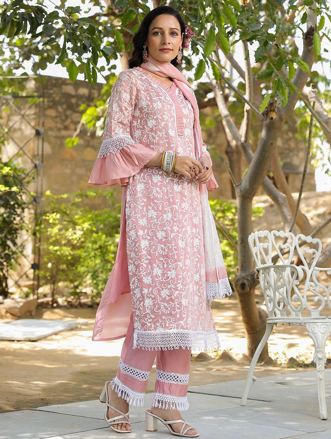 women embroidered three quarter sleeve kurta pant with dupatta set - 22093236 -  Standard Image - 1