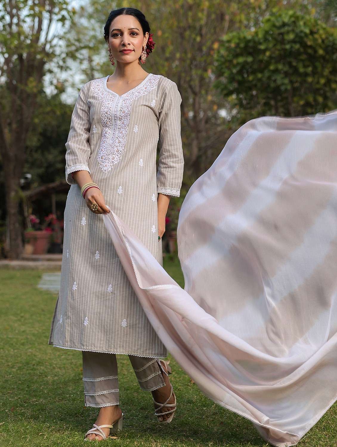 women embroidered three quarter sleeve kurta pant with dupatta set - 22093238 -  Standard Image - 1